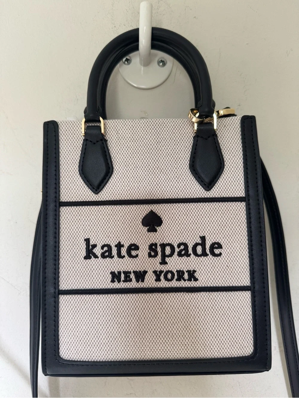 kate spade Ellie Mini Black Leather Cream Structured Canvas Crossbody Tote